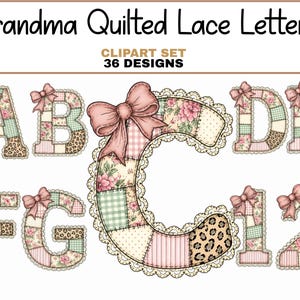 Op de afbeelding: Een digitale clipartset getiteld Grandma Quilted Lace Letters met 36 ontwerpen. De letters A tot en met G en de cijfers 1 en 2 worden weergegeven, elk uitgevoerd in een gewatteerd patchworkpatroon van roze bloemen, groene ruiten en luipaardprint, afgewerkt met kanten randen en roze strikken.