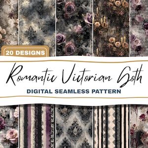 May include: A collection of digital seamless patterns with a Romantic Victorian Goth theme. The patterns feature floral designs, damask, and gothic elements in shades of gray, purple, and cream. The image includes the text "20 Designs" and "Romantic Victorian Goth DIGITAL SEAMLESS PATTERN."