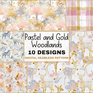 Pastel and gold foil seamless pattern bundle florals woodland animals baby nursery Digital Download