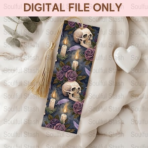 Gothic Skulls and Roses Digital Bookmark, Purple Flowers, Candle Design, Printable PDF Download