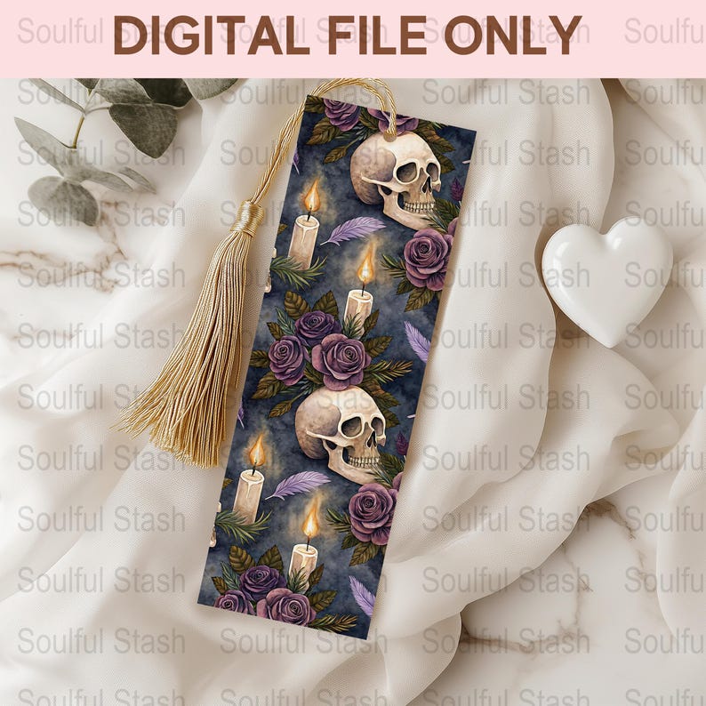 Gothic Skulls and Roses Digital Bookmark, Purple Flowers, Candle Design, Printable PDF Download