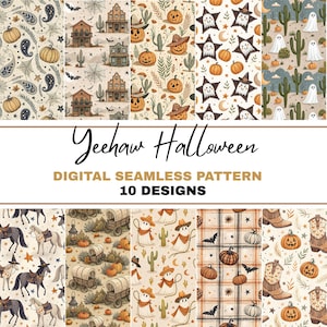 Può includere: Una collezione di dieci motivi digitali senza cuciture a tema Halloween. I motivi presentano zucche, fantasmi, stelle, stivali da cowboy e altri elementi festivi. Il testo "Yeehaw Halloween" e "Digital Seamless Pattern 10 Designs" è visualizzato.