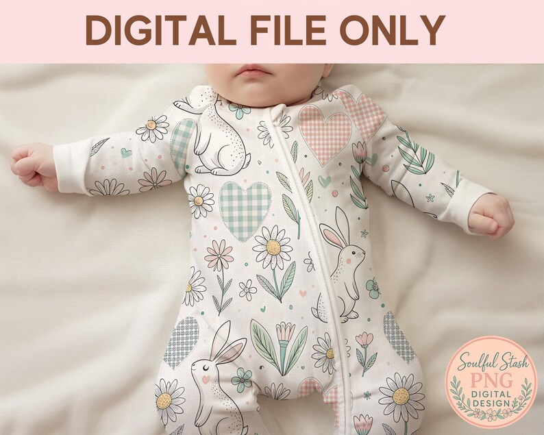 A baby wearing a white onesie with a floral pattern and a rabbit design.