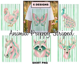 Preppy Pastel Animal Stripe Shirt Graphics Bundle Coquette Cute Duck Deer Horse Chicken Butterfly Peacock Designs Digital Download