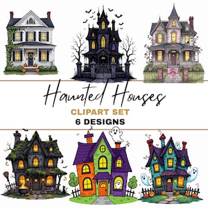 May include: A clipart set featuring six different haunted house designs. The houses are in various colors and styles, with bats, ghosts, and pumpkins. The text "Haunted Houses" and "Clipart Set 6 Designs" is also included.