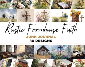 Rustic Farmhouse Faith Junk Journal Bundle, Watercolor Crosses Churches Bibles Flowers, Faith-Based Christian Digital Download
