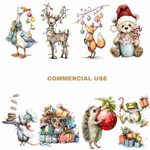 a collection of whimsical illustrations depicting various animals, including a duck, a fox, a bear, a hedgehog, a frog, and a bird, all adorned with Christmas decorations and gifts.
