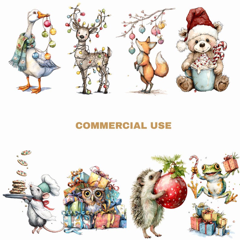 a collection of whimsical illustrations depicting various animals, including a duck, a fox, a bear, a hedgehog, a frog, and a bird, all adorned with Christmas decorations and gifts.