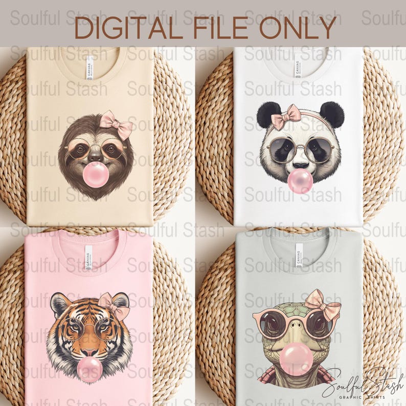 Zoo Animal Bubble Gum Clipart Bundle, Cute Bubblegum Animals PNG, Funny Animal Sublimation Design, Coquette Pink, Funny Shirt Mugs Design image 2