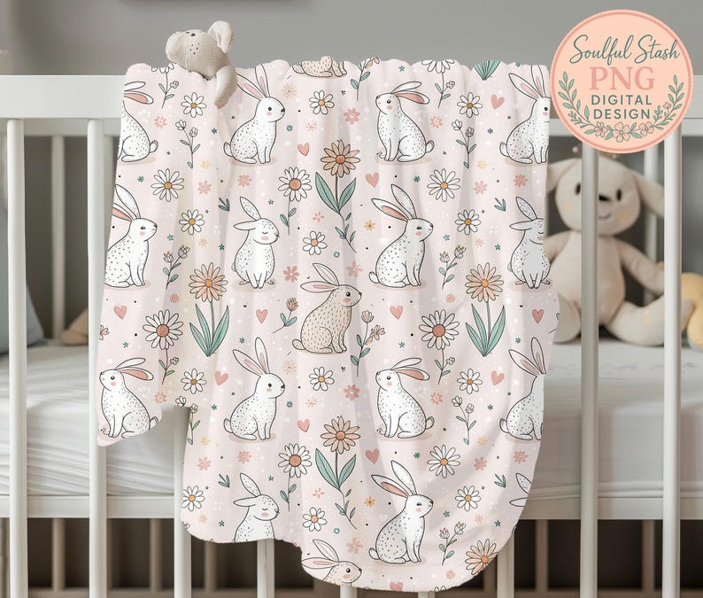 A white crib with a pink blanket featuring a repeating pattern of rabbits and flowers.