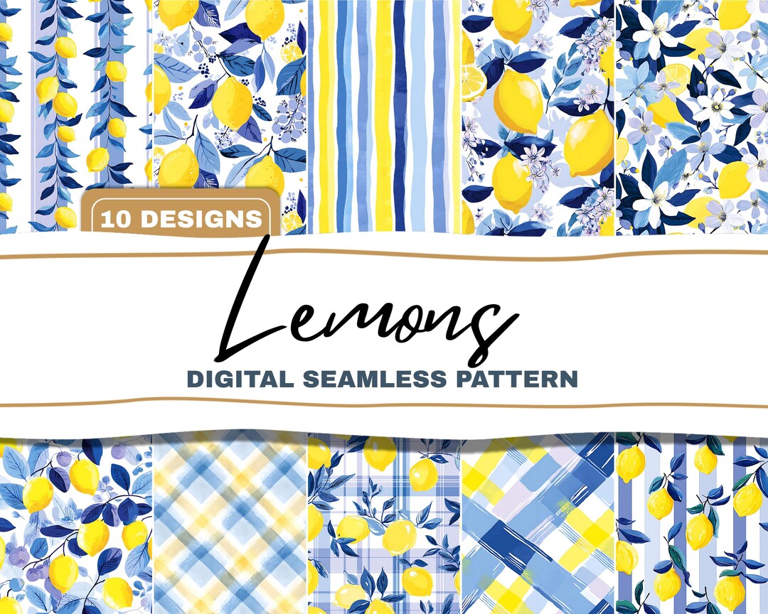Watercolor Lemon Floral Seamless Bundle Mediterranean Farmhouse Digital ...