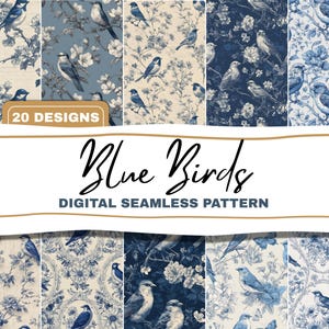 May include: A digital seamless pattern collection titled "Blue Birds" with 20 designs. The patterns feature blue birds amongst floral and botanical elements in shades of blue and white. The designs vary in style, from detailed illustrations to more abstract patterns.