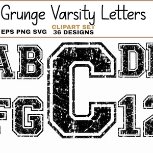 Puede incluir: Un conjunto de imágenes prediseñadas digitales titulado Grunge Varsity Letters con 36 diseños en formatos EPS, PNG y SVG. La imagen muestra letras de bloque negras A, B, C, D, E, F, G y números 1, 2 con una textura desgastada y contornos blancos.