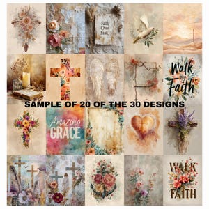 The image is a collage of 20 different designs, including religious and floral motifs, such as crosses, flowers, and religious symbols.