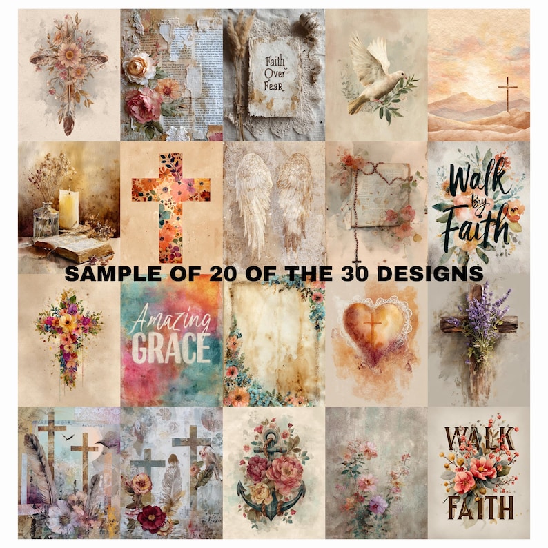 The image is a collage of 20 different designs, including religious and floral motifs, such as crosses, flowers, and religious symbols.