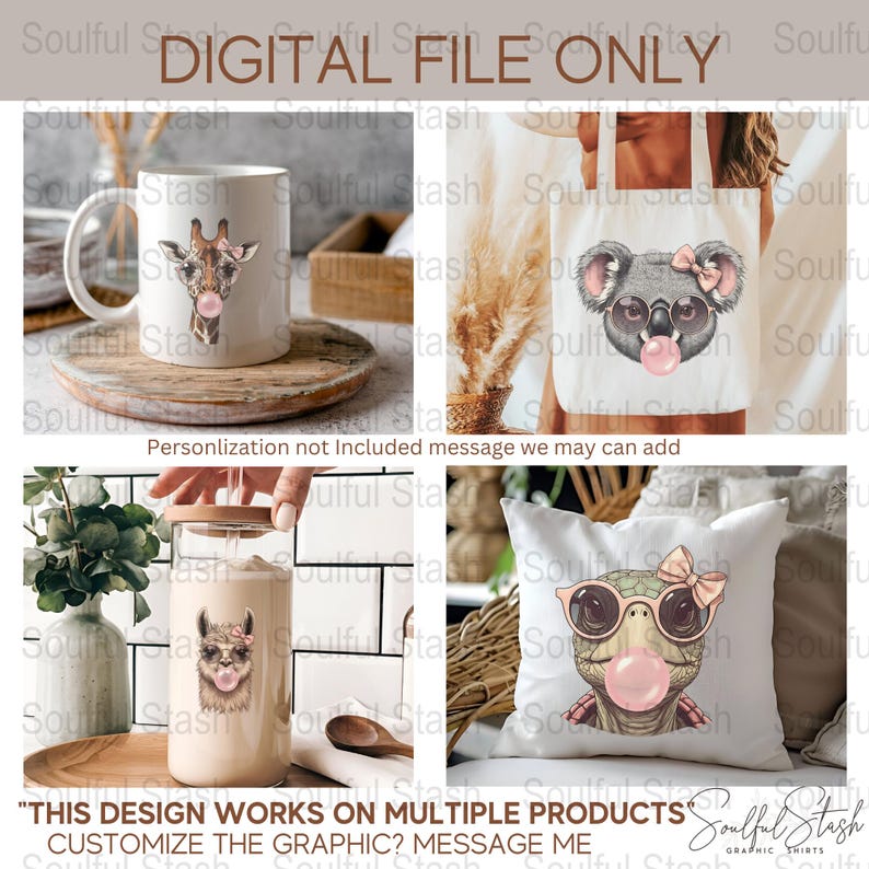 Zoo Animal Bubble Gum Clipart Bundle, Cute Bubblegum Animals PNG, Funny Animal Sublimation Design, Coquette Pink, Funny Shirt Mugs Design image 4