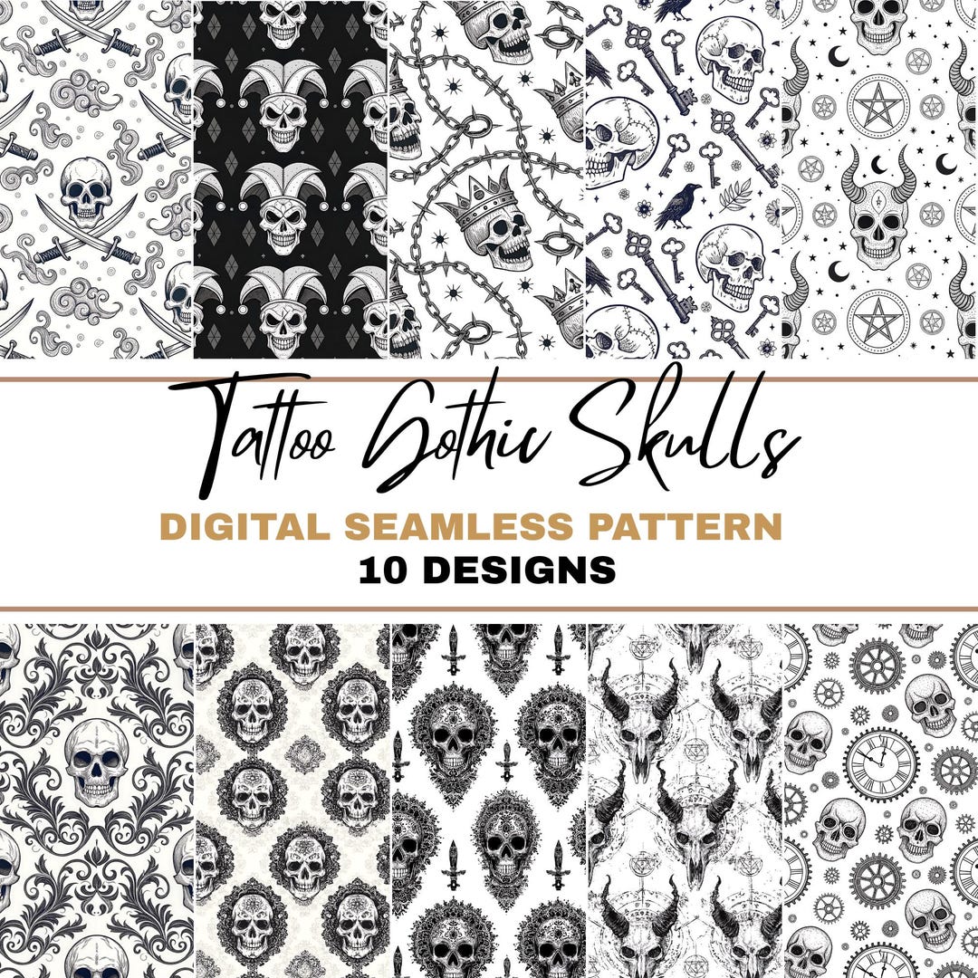 Tattoo Gothic Skull PNG Seamless Bundle , Pattern Print, Tattoo Art ...