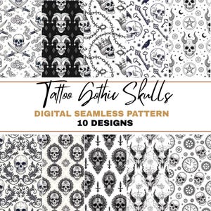 Tattoo Gothic Skull PNG Seamless Bundle , Pattern Print, Tattoo Art, Pirate, Occult, Sugar Skull, Raven, Jester, Black White Gothic Paper
