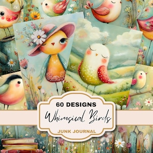 Puede incluir: Un collage de ilustraciones de pájaros caprichosos. Los pájaros están representados en varias poses y entornos, con colores suaves y un estilo de acuarela. El texto de la imagen dice "60 Designs Whimsical Birds Junk Journal."