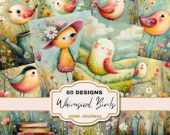 Whimsical country bird junk journal bundle Boho Farmhouse Digital Download