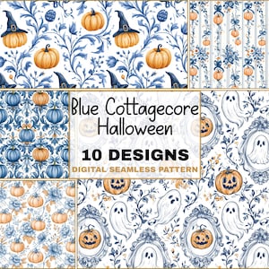 May include: A collection of ten digital seamless patterns with a blue and orange Cottagecore Halloween theme. Designs include pumpkins, witch hats, ghosts, and floral elements. The patterns are suitable for various craft projects.