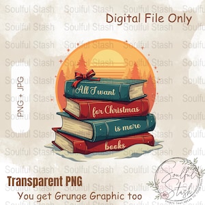 Christmas Books PNG, Book Lover Gift, Christmas Mug Design, Sublimation Graphic, Teacher Gift, Holiday Reading, More Books Librarian