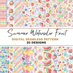 Puede incluir: Una colección de patrones digitales sin costuras con un tema de frutas de verano en acuarela. Los patrones presentan fresas, cerezas, sandía, kiwi y otras frutas. Se muestra el texto "Summer Watercolor Fruit" y "20 Designs".