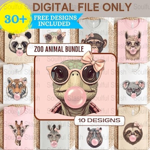 Paquete de imágenes prediseñadas de chicles de animales del zoológico, lindos animales de chicles PNG, diseño de sublimación de animales divertidos, rosa coqueto, diseño divertido de camisetas y tazas