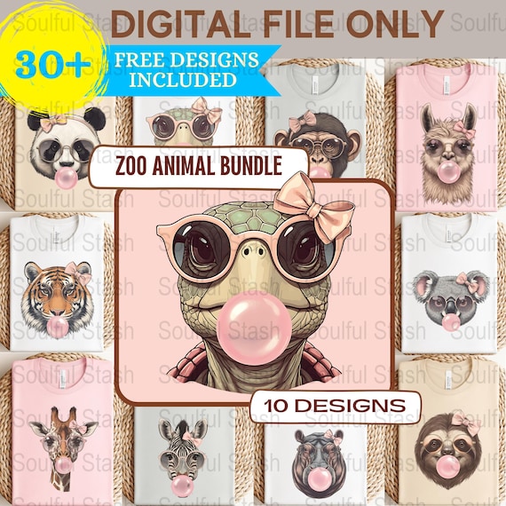 Zoo Animal Bubble Gum Clipart Bundle, Cute Bubblegum Animals PNG, Funny Animal Sublimation Design, Coquette Pink, Funny Shirt Mugs Design