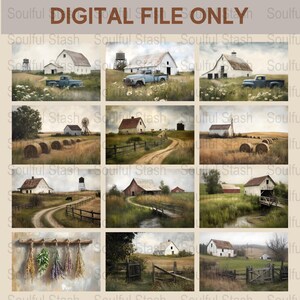 Rustic Farmhouse Digital Art Collection, Vintage Country Scenes, Printable Wall Decor Set