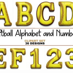 May include: A collection of softball-themed alphabet letters and numbers. The letters A, B, C, D, E, F, and the numbers 1, 2, and 3 are displayed. Each character is yellow with brown stitching, resembling a softball. The text "Softball Alphabet and Numbers" is also present.