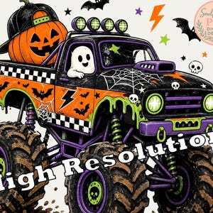A Halloween-themed illustration of a monster truck with a jack-o-lantern on the back, surrounded by bats, skulls, and lightning bolts.