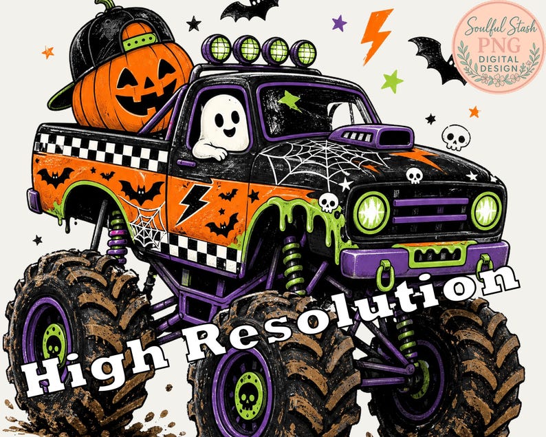 A Halloween-themed illustration of a monster truck with a jack-o-lantern on the back, surrounded by bats, skulls, and lightning bolts.