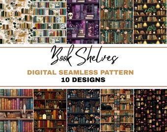 May include: A collection of ten digital seamless patterns featuring various bookshelf designs. The patterns showcase a variety of book arrangements, colors, and decorative elements, including flowers, skulls, and lighting. The text "Book Shelves" and "Digital Seamless Pattern 10 Designs" is also present.