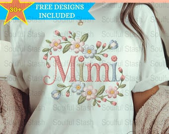 May include: White t-shirt with a pink, blue, and green floral design and the word "Mimi" embroidered in the center.