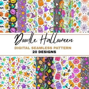 May include: A collection of 20 digital seamless patterns with a Doodle Halloween theme. The patterns feature various Halloween-themed illustrations, including pumpkins, ghosts, witches, and candy. The patterns are colorful and whimsical, perfect for crafting and design projects.