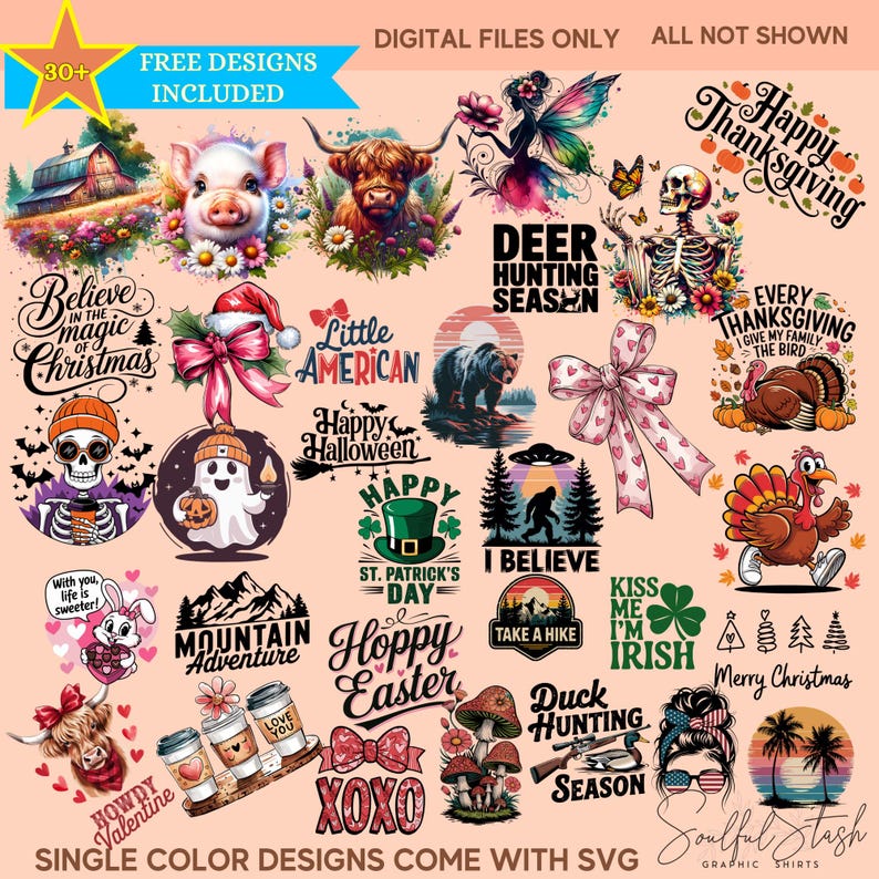 a collection of various colorful and whimsical designs, including illustrations of animals, holiday-themed elements, and other decorative motifs. The designs are presented in a collage format, with each image contributing to the overall visual appeal of the collection. The image does not contain any text that can be described in more detail, and the content is not repetitive or redundant.