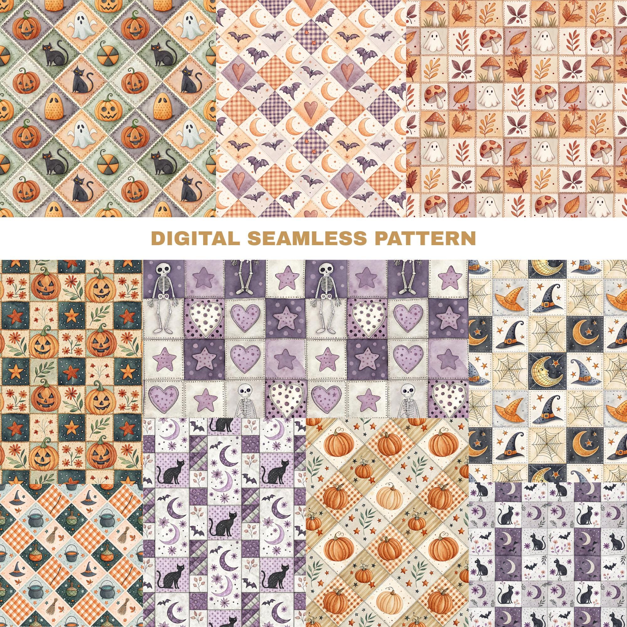 Halloween Quilted PNG Seamless Bundle , Pattern Print, Halloween ...