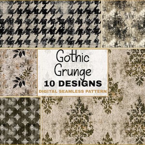 Peut inclure: Une collection de motifs numériques sans couture comprenant dix designs avec le texte Gothic Grunge au centre. Les motifs incluent un pied-de-poule noir et blanc, des textures vieillies, des feuilles sombres et des imprimés damassés sur papier.