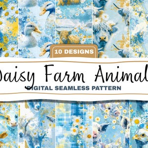 Könnte beinhalten: Ein digitales nahtloses Muster mit verschiedenen Nutztieren wie Eseln, Enten, Kühen und Pferden, vor dem Hintergrund von Gänseblümchen und einer blauen Aquarellwaschung. Der Text "Daisy Farm Animals" wird angezeigt.
