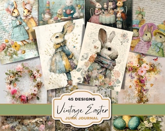 Wunderliche Oster Junk Journal Seiten mit Vintage Kaninchen, Blumeneier, und Cottagecore Pastell Collage Hintergründe