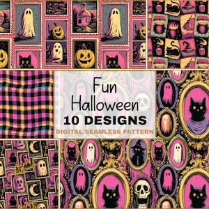 May include: A digital seamless pattern design featuring various Halloween-themed illustrations. The designs include pumpkins, ghosts, black cats, and skulls. The text "Fun Halloween 10 Designs" is also visible.