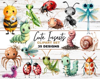 May include: A collection of watercolor illustrations of cute insects, including a bee, ladybug, caterpillar, and dragonfly. The image features the text "Cute Insects Clipart Set 35 Designs" on a white wooden background. The insects are depicted with friendly expressions.