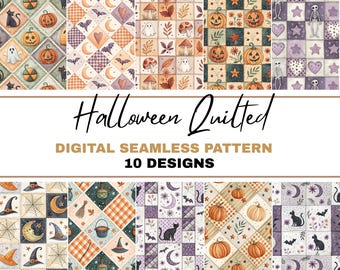 Halloween Quilted PNG Seamless Bundle , Pattern Print, Halloween Patchwork Patterns, Cottagecore Aesthetic, Patchwork Grandmillennial