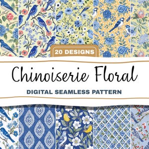 Chinoiserie Seamless Pattern Bundle  Cottagecore Blue Birds and Floral Designs Digital Download