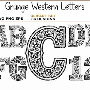 Peut inclure: Un ensemble graphique numérique intitulé Grunge Western Letters comprenant 36 motifs, dont les lettres A à G et les chiffres 1 et 2. Chaque caractère est noir avec un contour blanc et un motif floral détaillé avec une étoile à cinq branches.