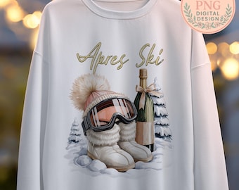 Könnte beinhalten: Weißes Sweatshirt mit dem Text "Apres Ski". Das Design zeigt eine Skimütze, eine Skibrille, Stiefel, eine Champagnerflasche und schneebedeckte Bäume. Das Design verwendet Weiß-, Rosa- und Brauntöne.
