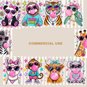 The image is a collage of various cartoon animal characters, including a panda, sloth, tiger, turtle, zebra, giraffe, and koala, all blowing bubbles and wearing sunglasses.