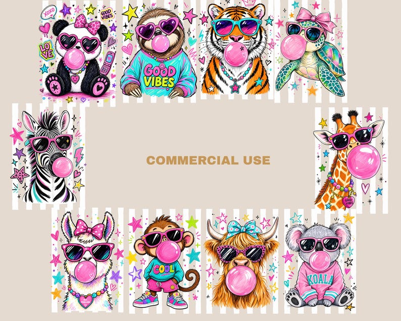 The image is a collage of various cartoon animal characters, including a panda, sloth, tiger, turtle, zebra, giraffe, and koala, all blowing bubbles and wearing sunglasses.