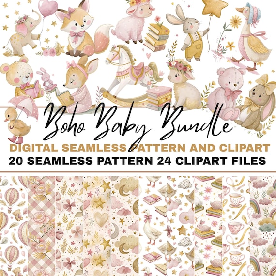 Boho Baby Shower Clipart, Coquette PNG, Watercolor Clipart, Seamless Patterns, Hot Air Balloon, Boho Nursery PNG Seamless Bundle , Pattern